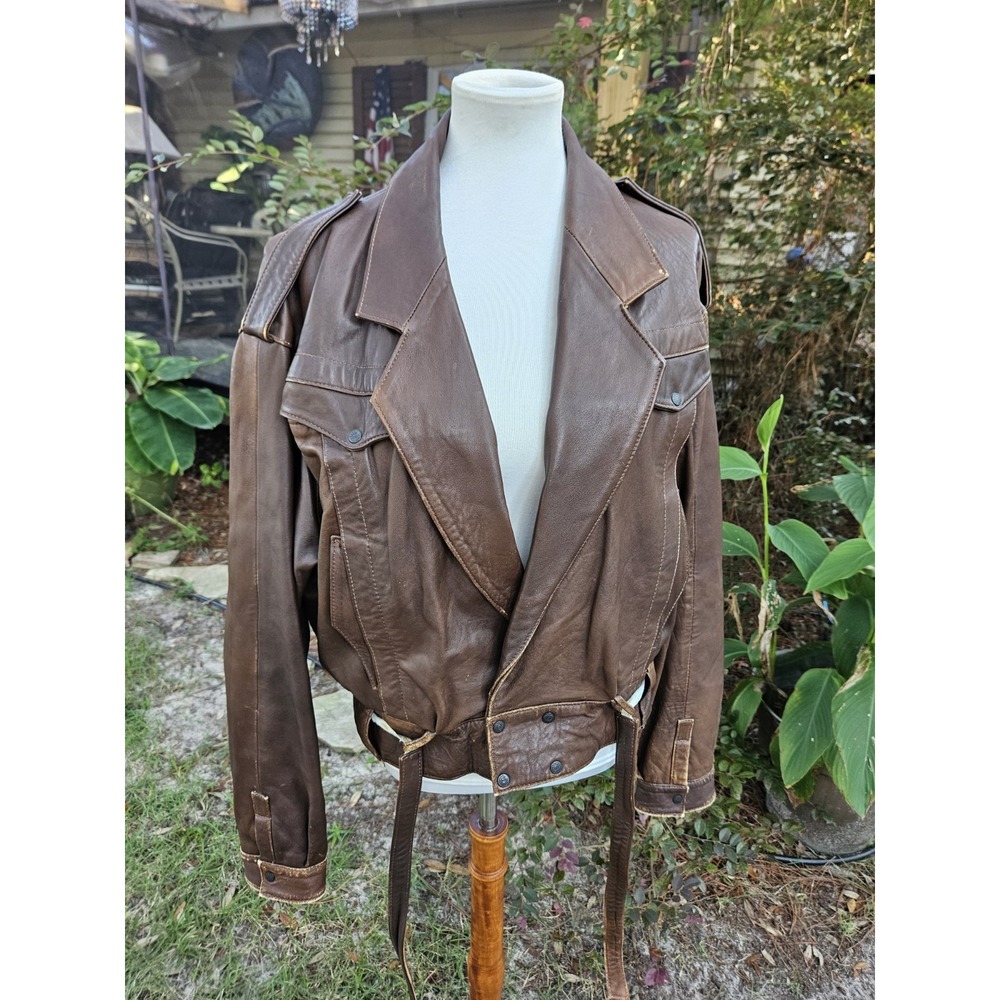 Vintage Leather Moto Flight Jacket Biker Bomber Waist Tie Buttery Soft XL Sz 52